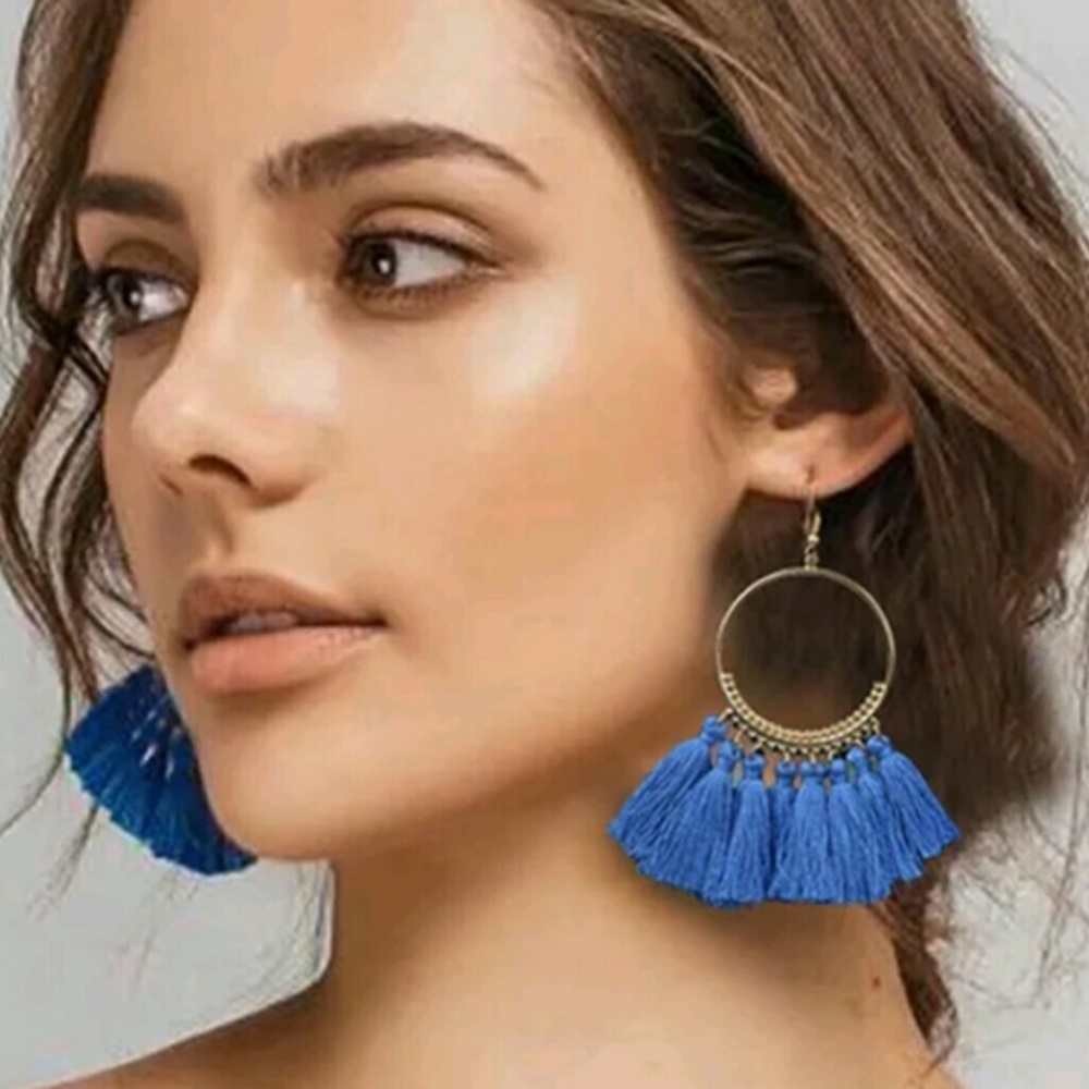 Blue Fringe Earrings - Picture 2 of 2